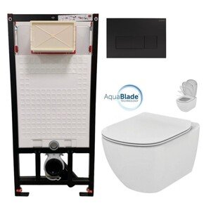 DEANTE Podomítkový rám, pro závěsné WC mísy + SLIM tlačítko černé + WC Ideal Standard Tesi se sedátkem SoftClose, AquaBlade  CST_WC01 N51P TE1